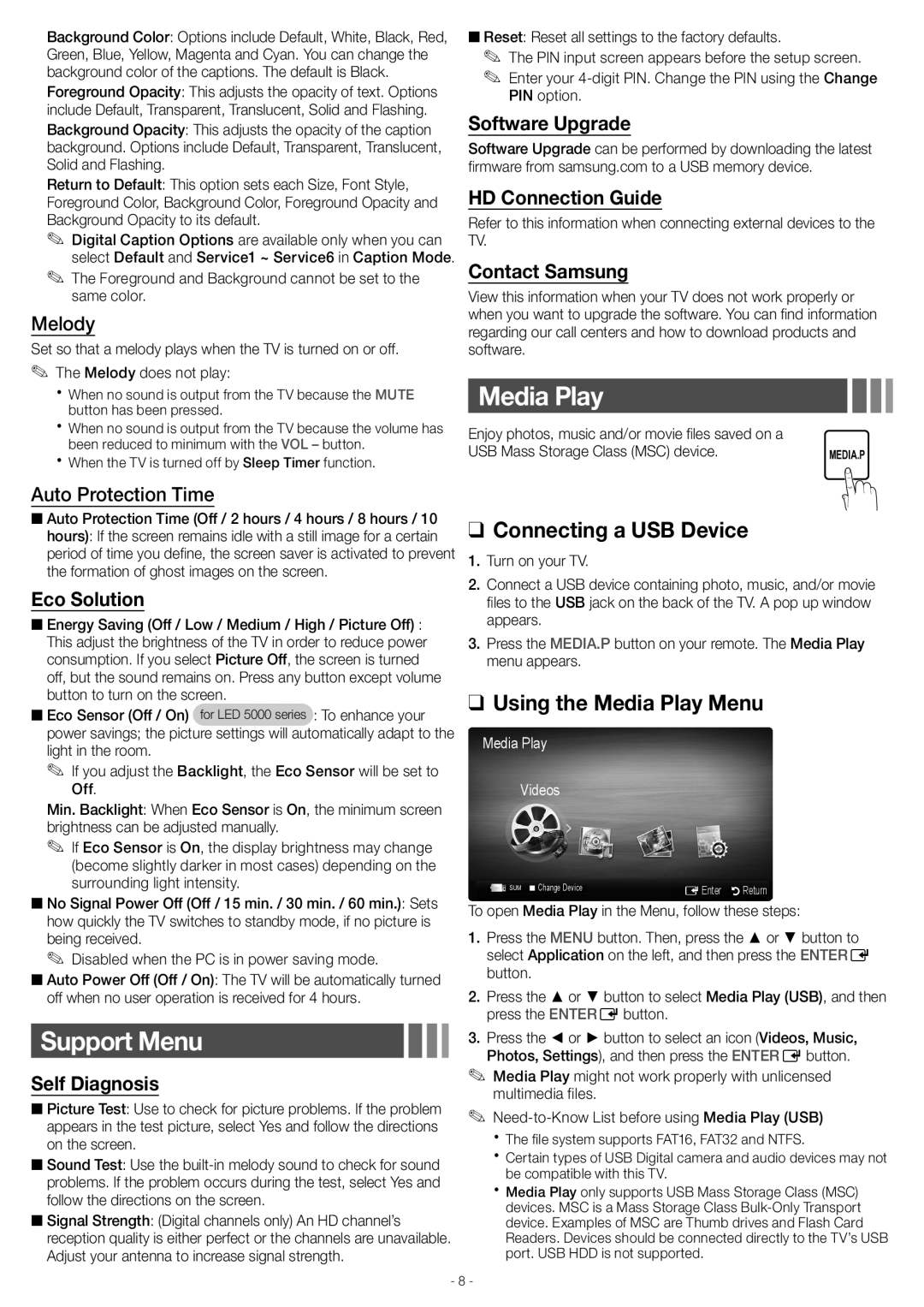 Samsung UN46EH5000 user manual Support Menu, Connecting a USB Device, Using the Media Play Menu 