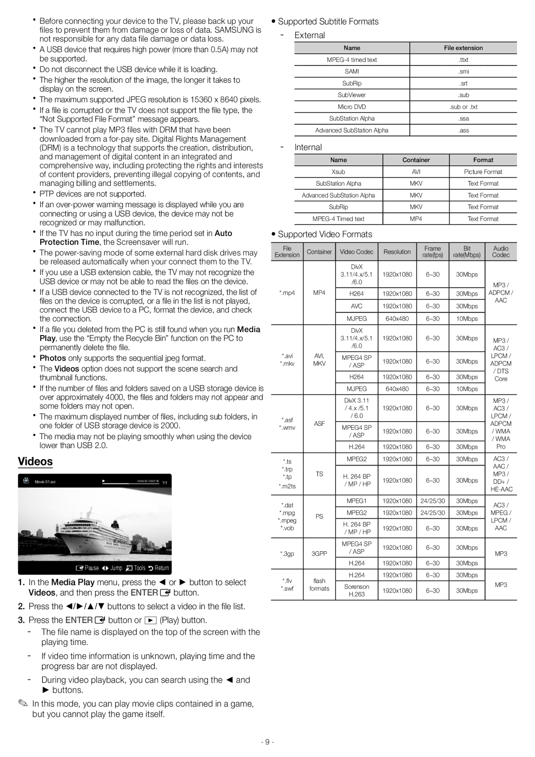 Samsung UN46EH5000 user manual Videos, XxPTP devices are not supported, Internal 