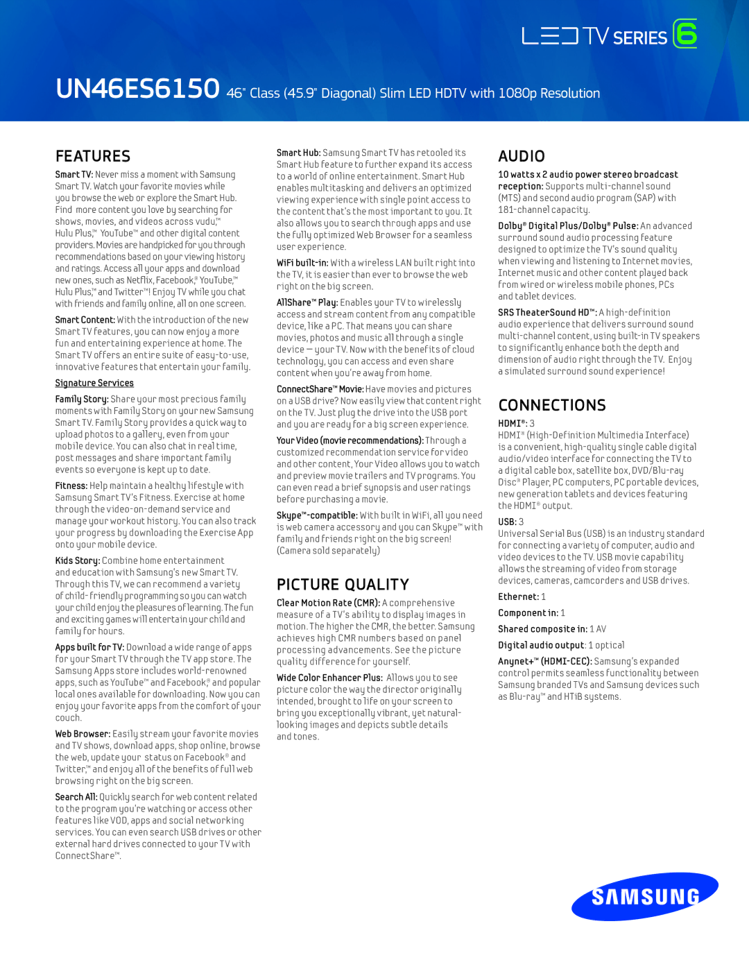 Samsung UN46ES6150 manual Features, Picture Quality, Audio, Connections 