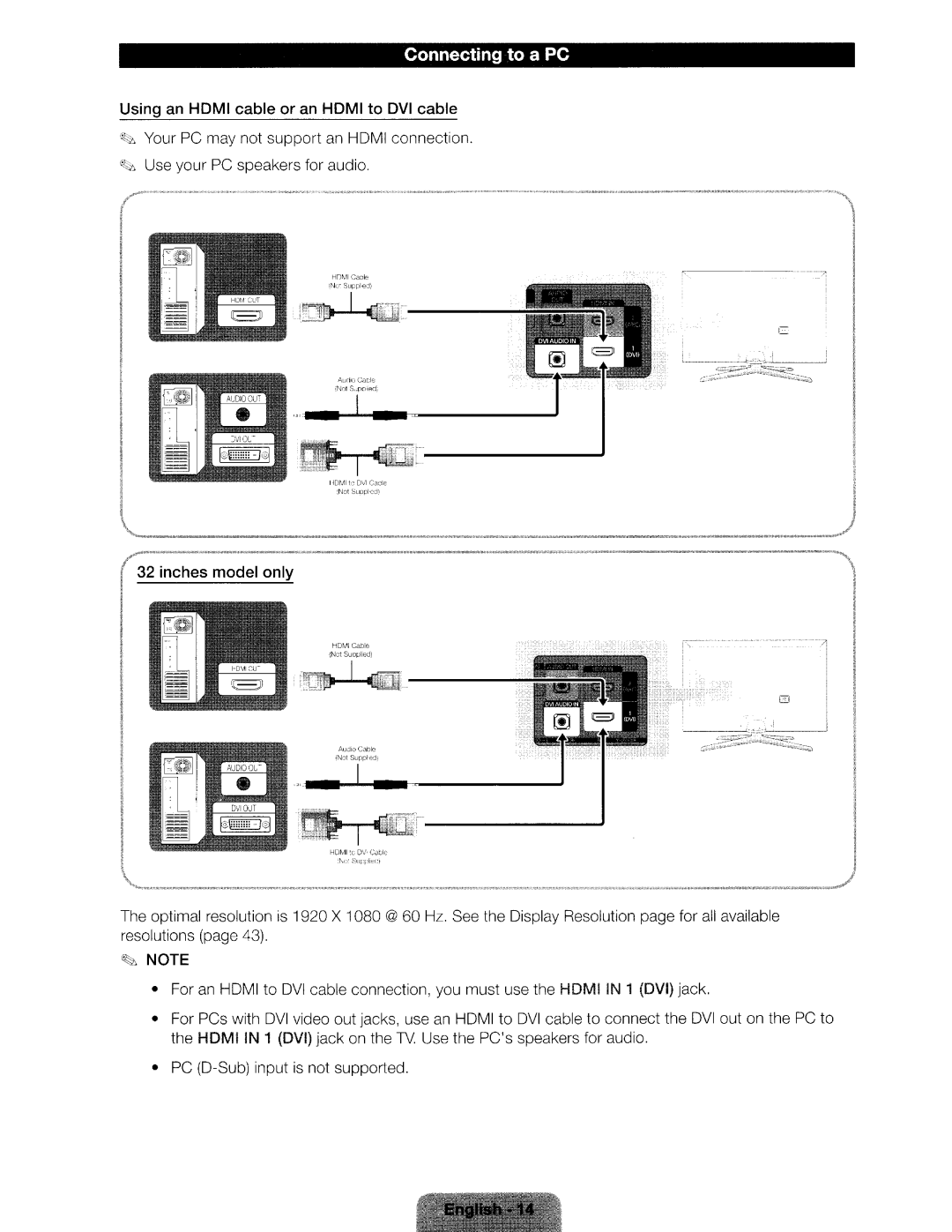 Samsung UN46ES6580 user manual Connecting to a PC, Using an Hdmi cable or an Hdmi to DVI cable 