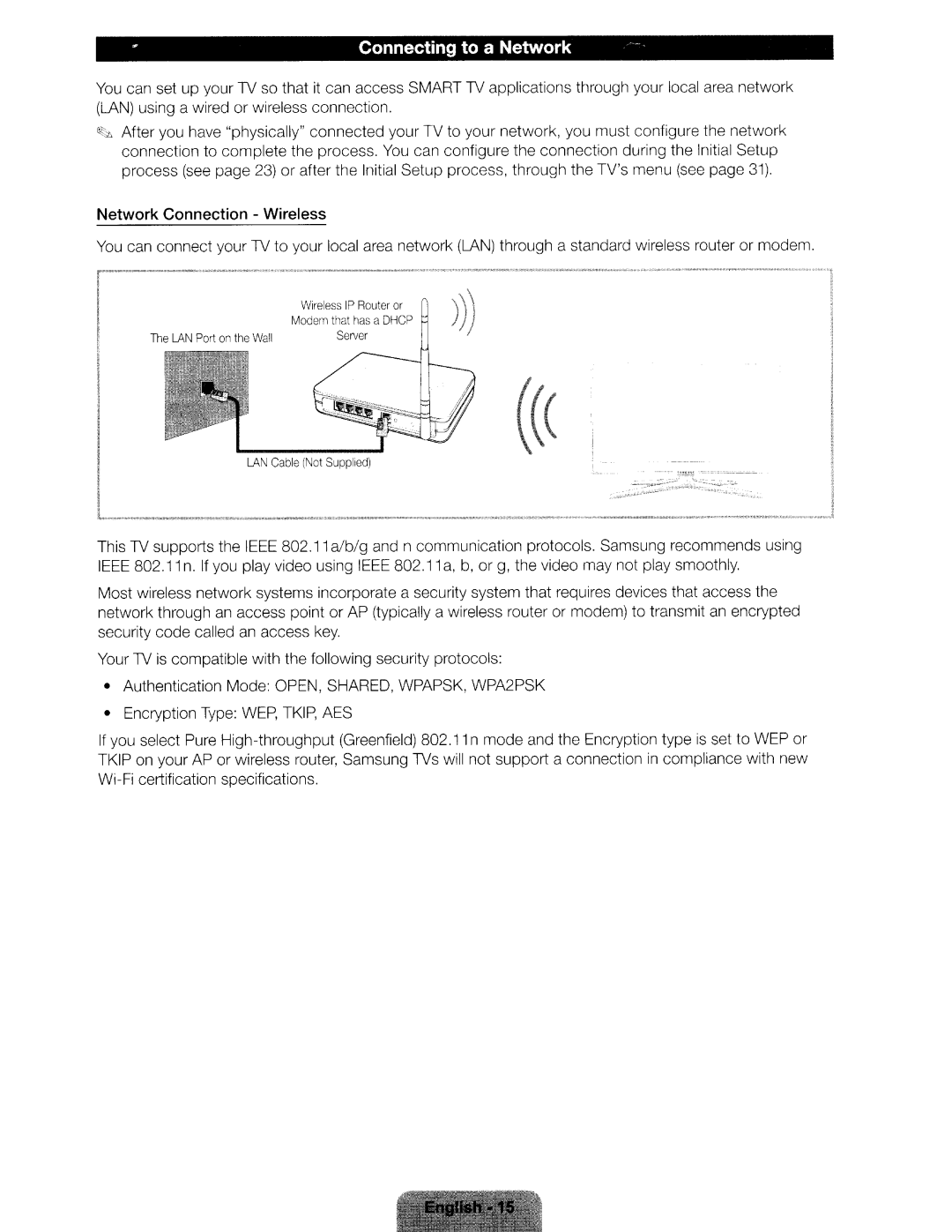 Samsung UN46ES6580 user manual Connecting to a Network, Network Connection Wireless 