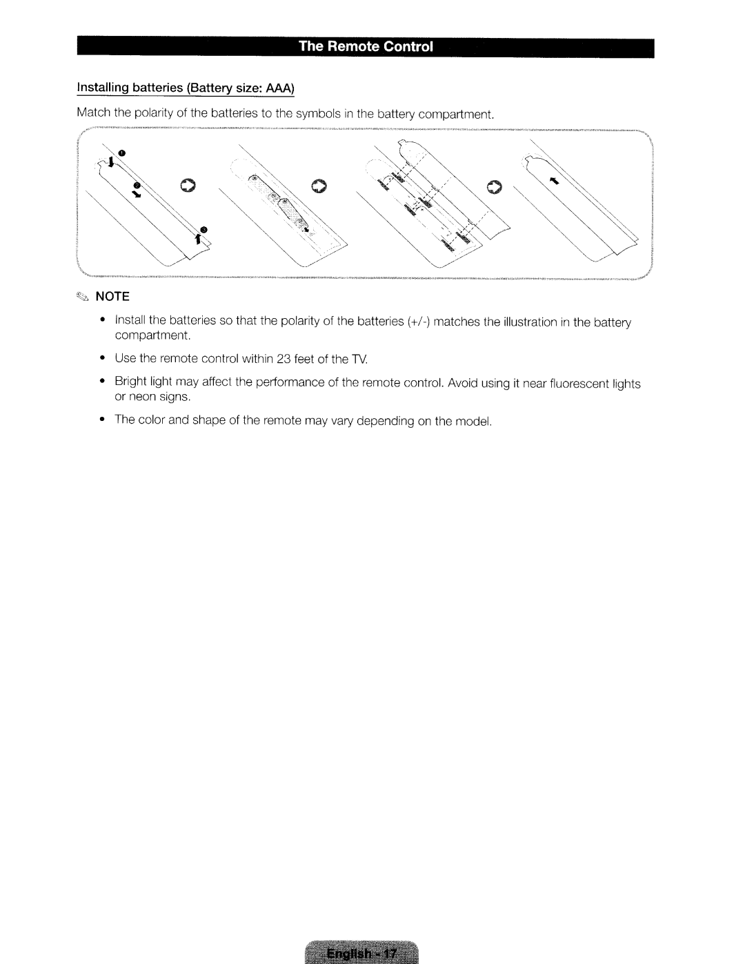 Samsung UN46ES6580 user manual Remote Control, Installing batteries Battery size AAA 