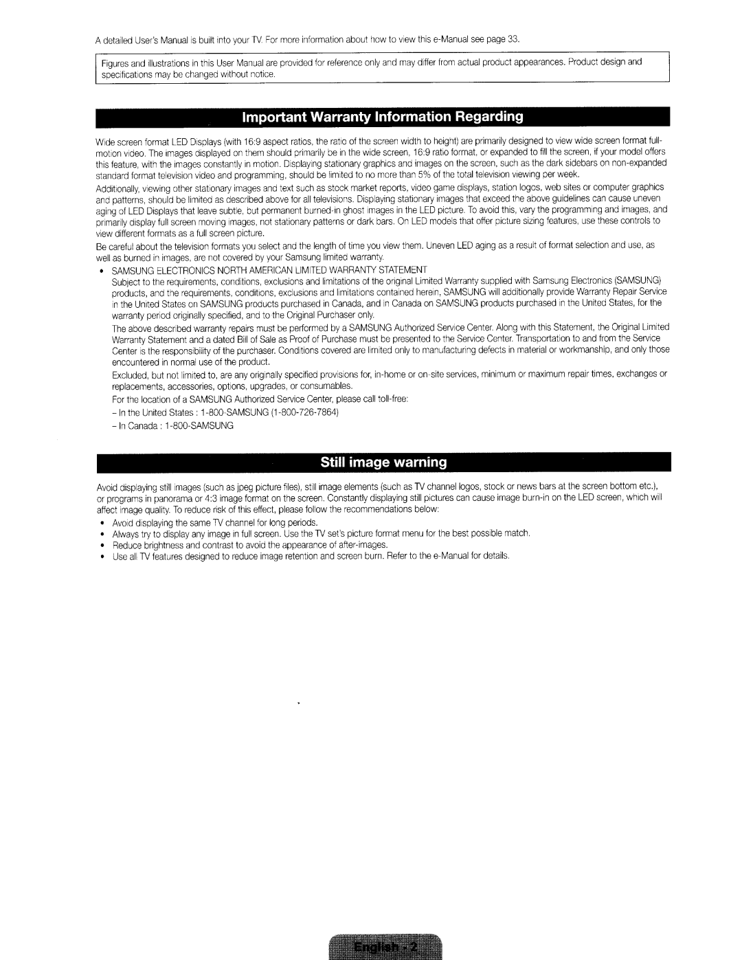 Samsung UN46ES6580 user manual Important Warranty Information Regarding, Still image warning 