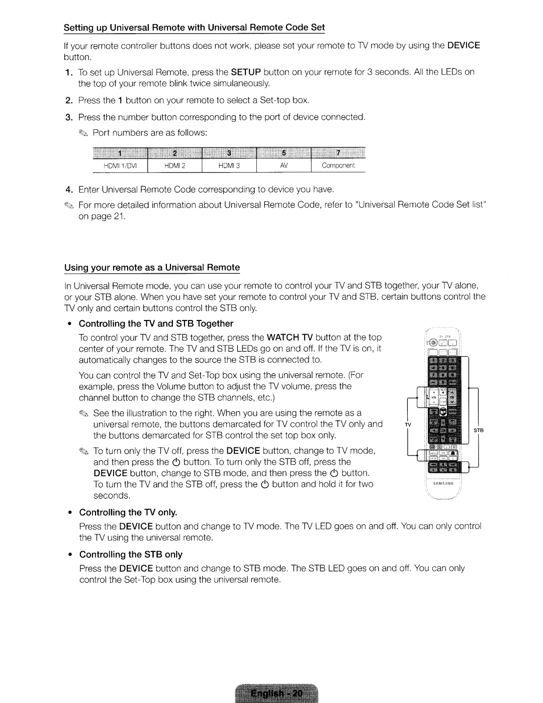 Samsung UN46ES6580 Setting up Universal Remote with Code, Using your remote as a Universal Remote, Controlling the TV only 