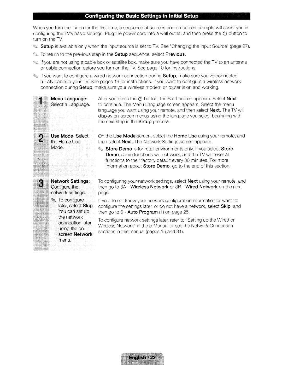 Samsung UN46ES6580 user manual Configuring the Basic Settings in Initial Setup 