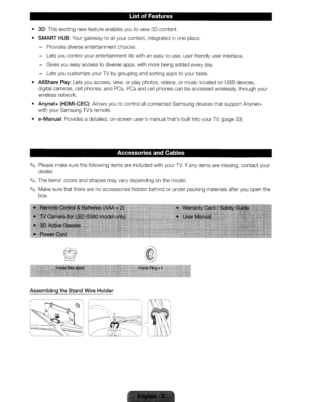 Samsung UN46ES6580 user manual List of Features, Accessories and Cables 