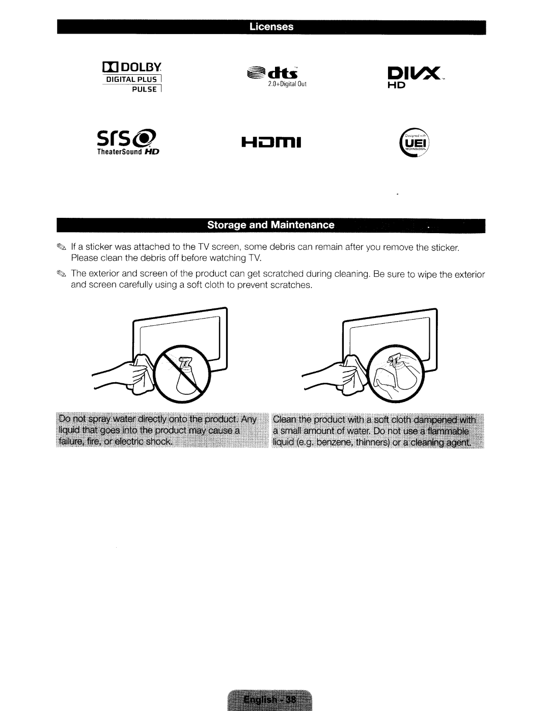 Samsung UN46ES6580 user manual Licenses, Storage and Maintenance 