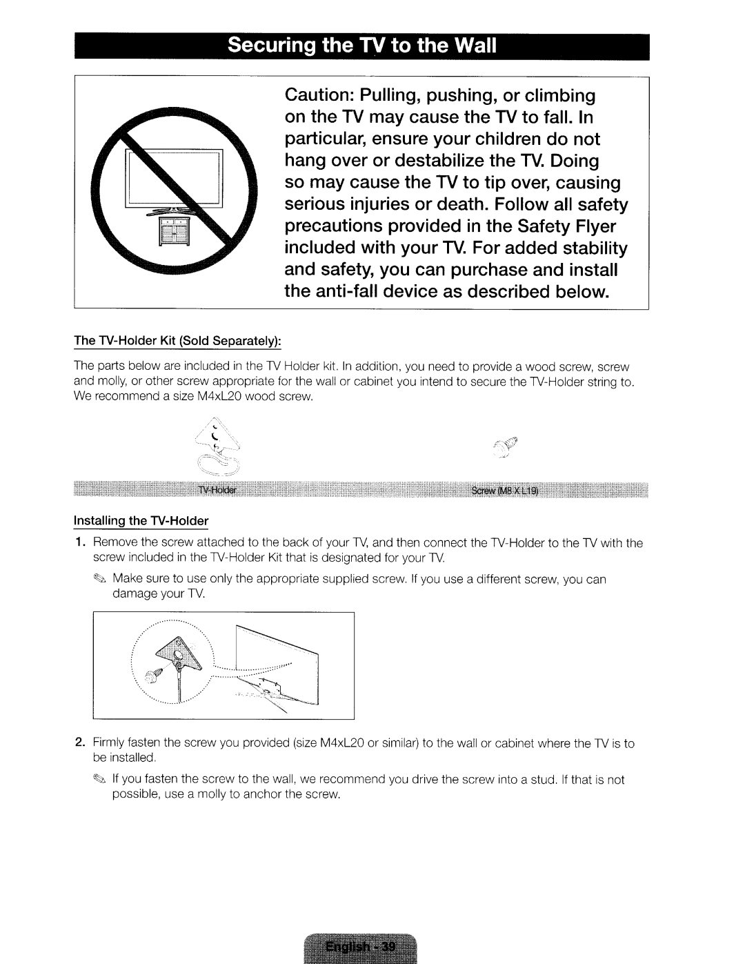 Samsung UN46ES6580 user manual TV-Holder Kit Sold Separately, Installing the TV-Holder 