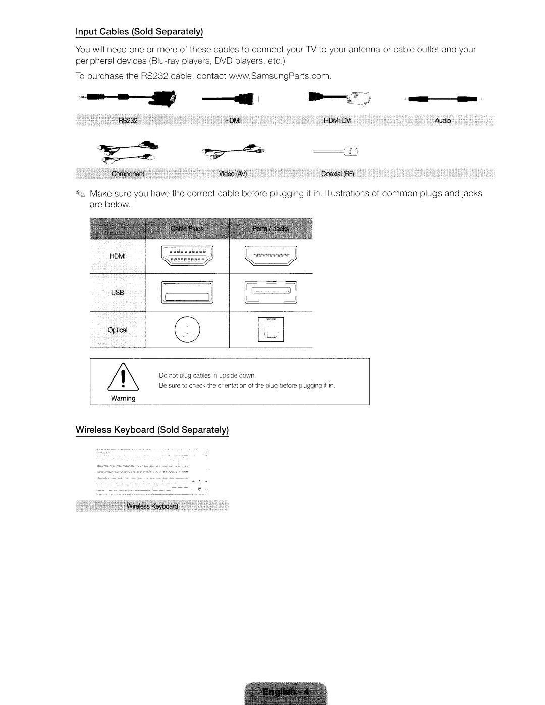 Samsung UN46ES6580 user manual Input Cables Sold Separately, Wireless Keyboard Sold Separately 