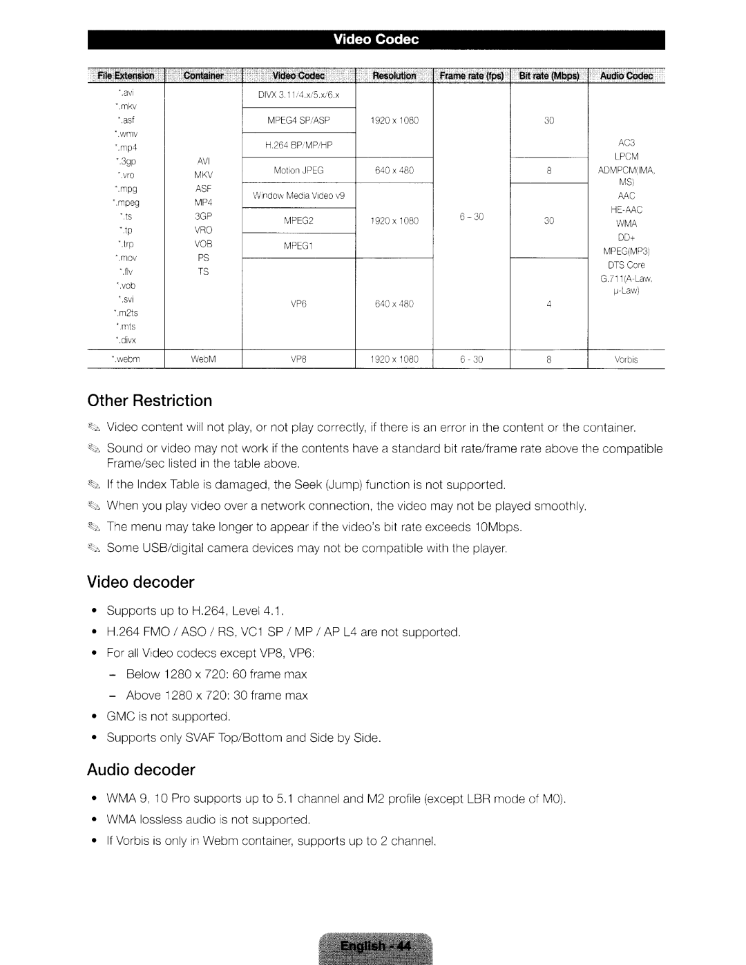 Samsung UN46ES6580 user manual Video Codec, ·.ts 