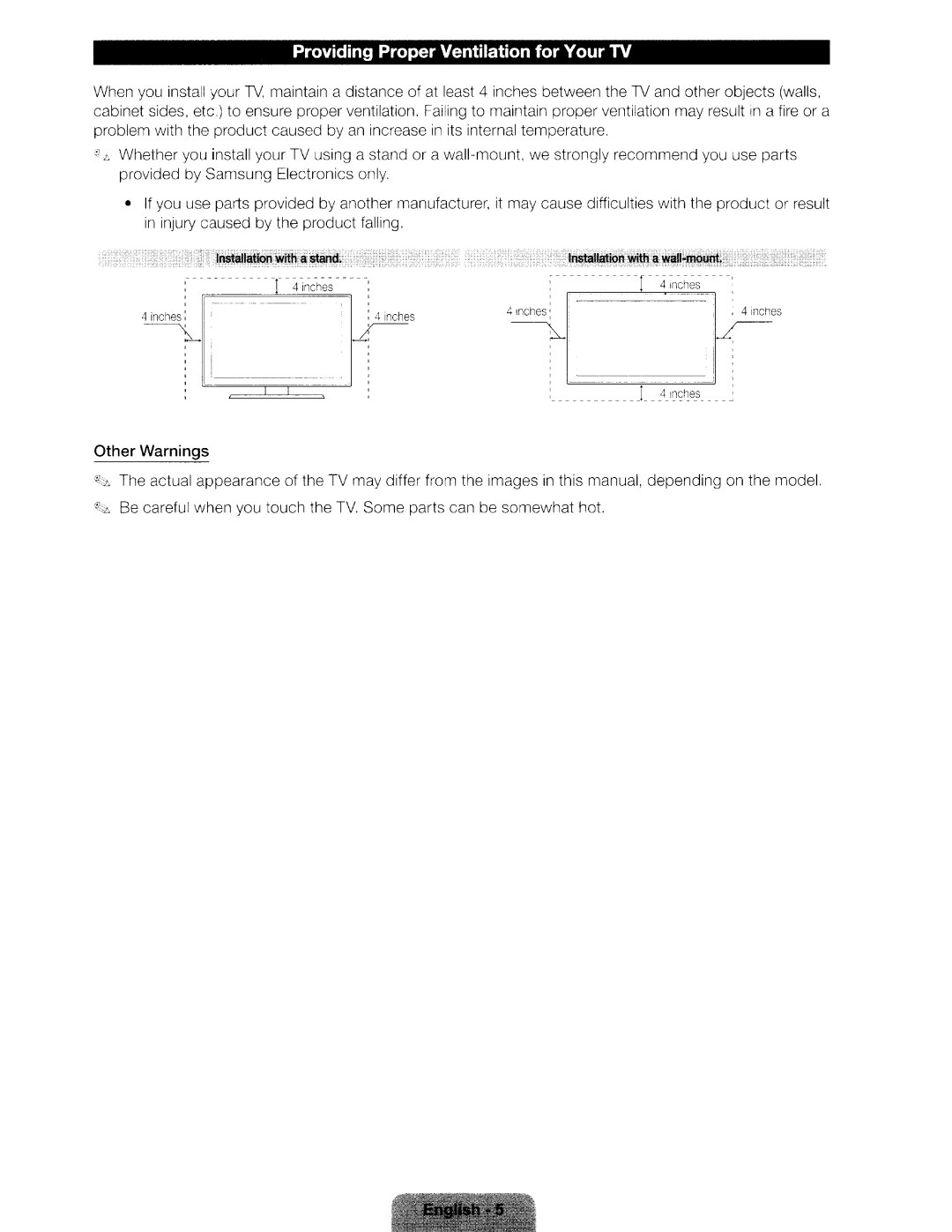 Samsung UN46ES6580 user manual Providing Proper Ventilation for Your TV, Other Warnings 