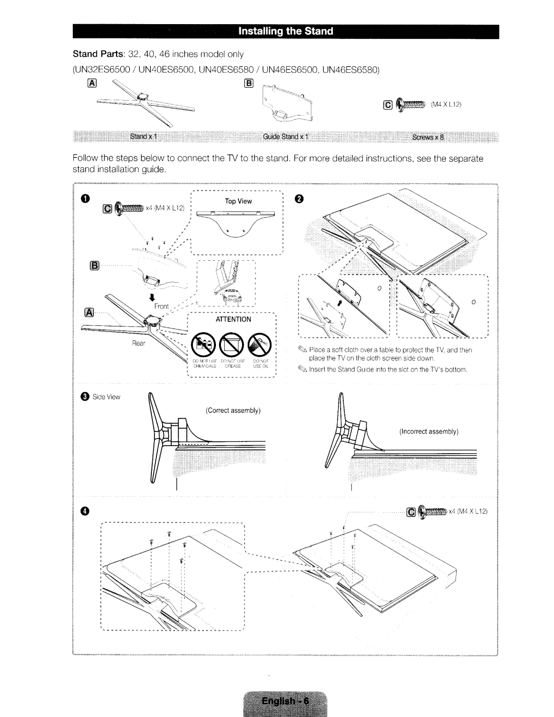 Samsung UN46ES6580 user manual ~~~··, Installing the Stand 