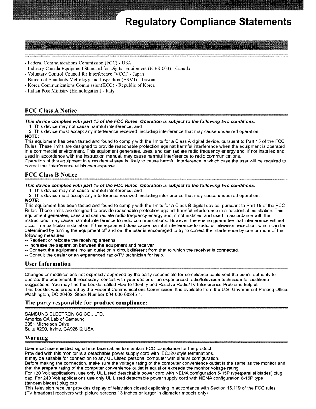 Samsung UN46ES6580 user manual Regulatory Compliance Statements 