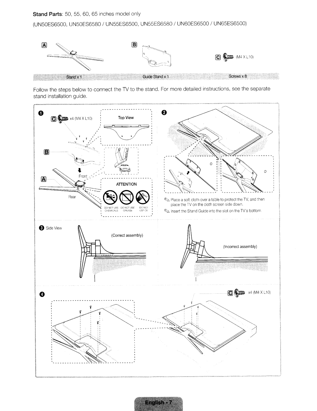 Samsung UN46ES6580 user manual ~@@~, Stand Parts 50, 55 