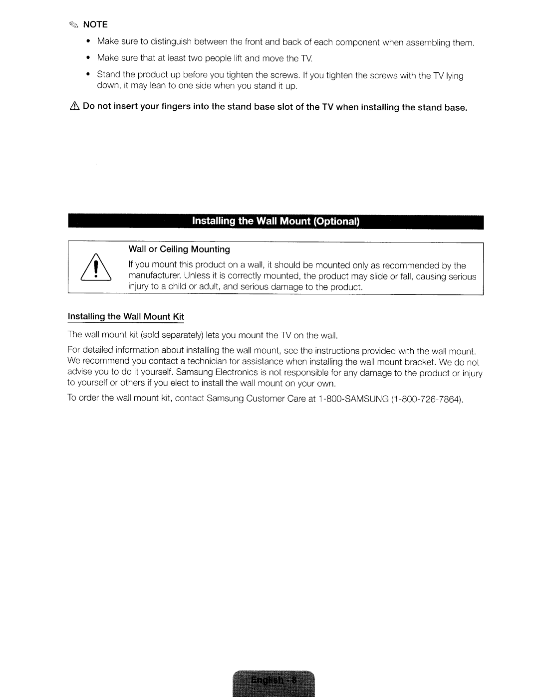 Samsung UN46ES6580 user manual Installing the Wall Mount Optional, Wall or Ceiling Mounting, Installing the Wall Mount Kit 