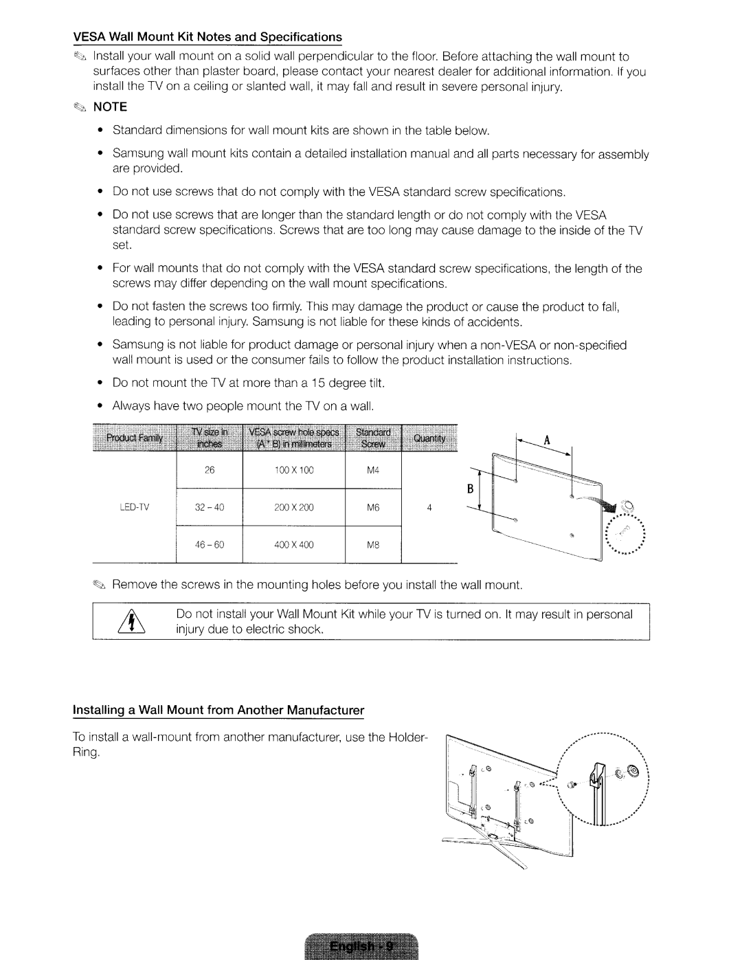 Samsung UN46ES6580 Vesa Wall Mount Kit Notes and Specifications, Installing a Wall Mount from Another Manufacturer 