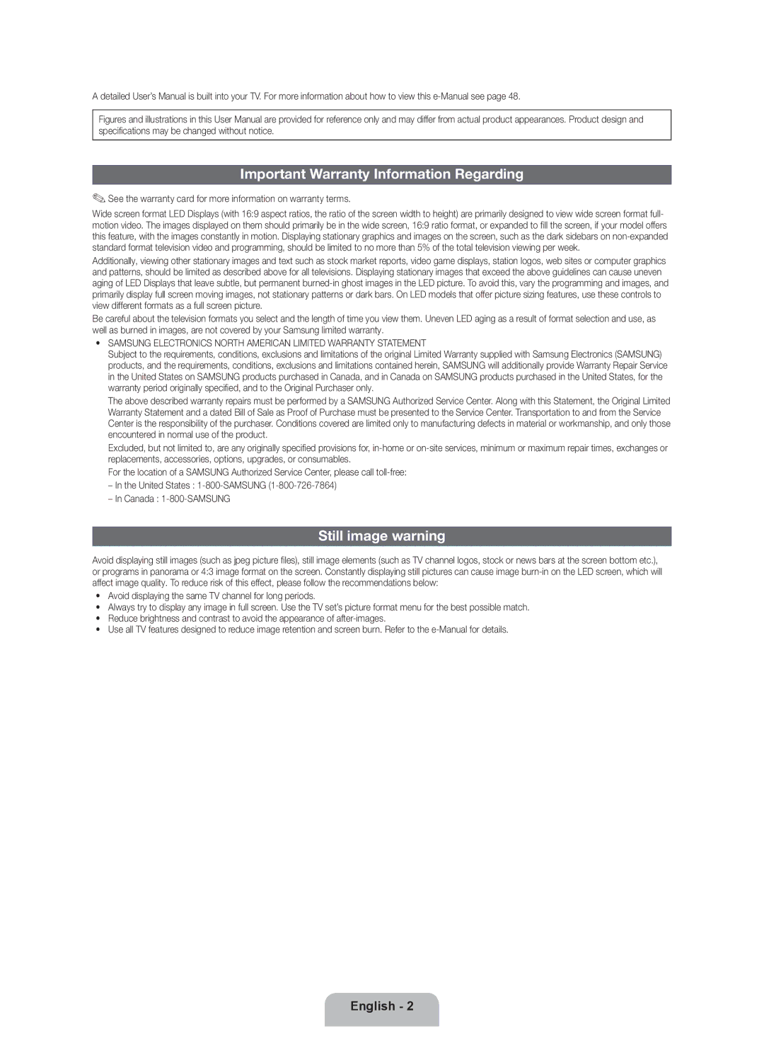 Samsung UN46ES7500 user manual Important Warranty Information Regarding, Still image warning 