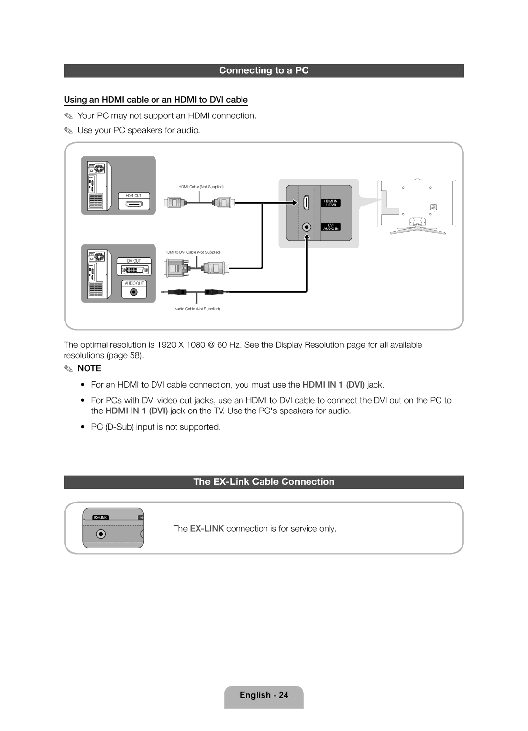 Samsung UN46ES7500 user manual Connecting to a PC, EX-Link Cable Connection 