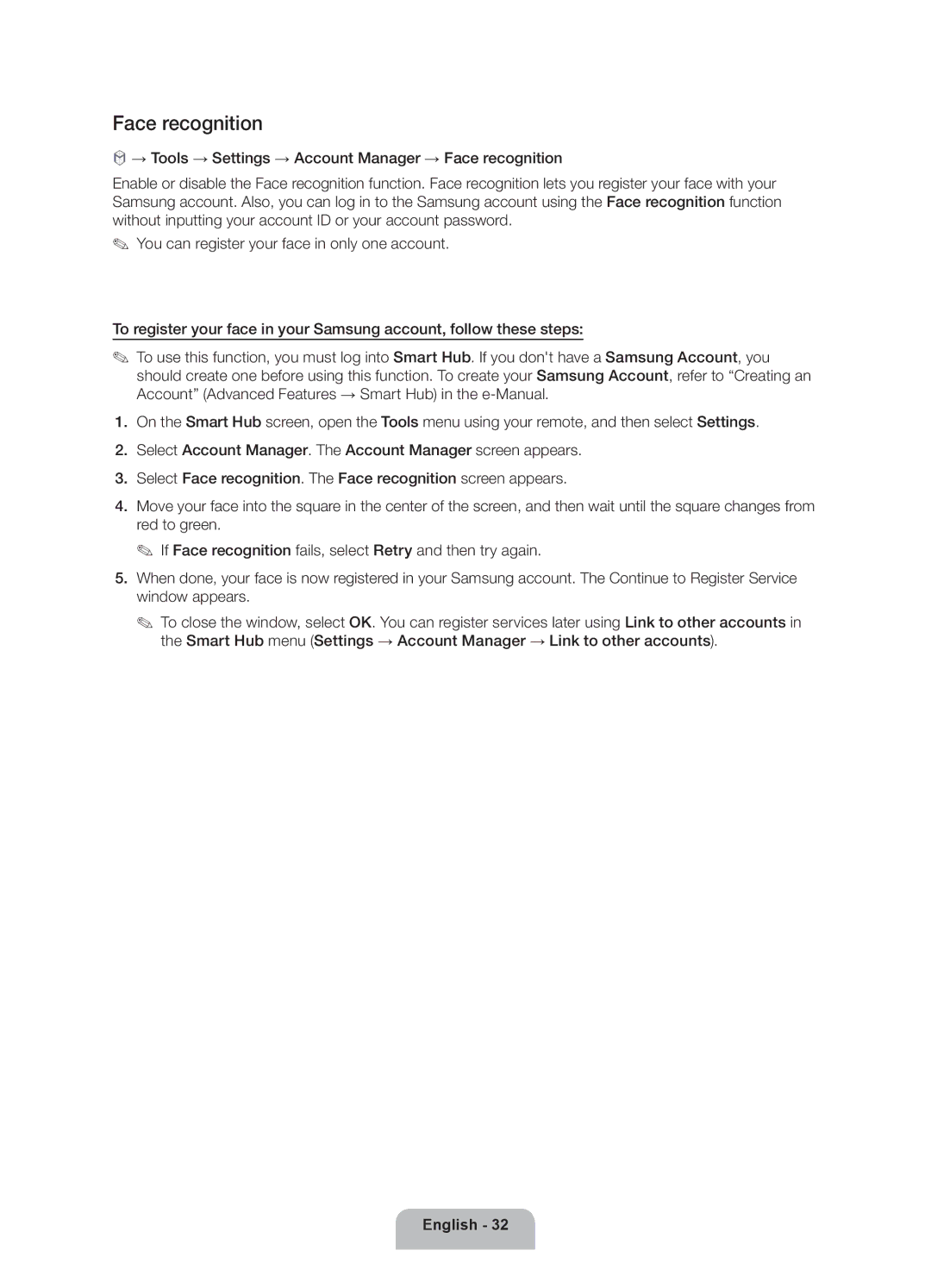 Samsung UN46ES7500 user manual Face recognition 