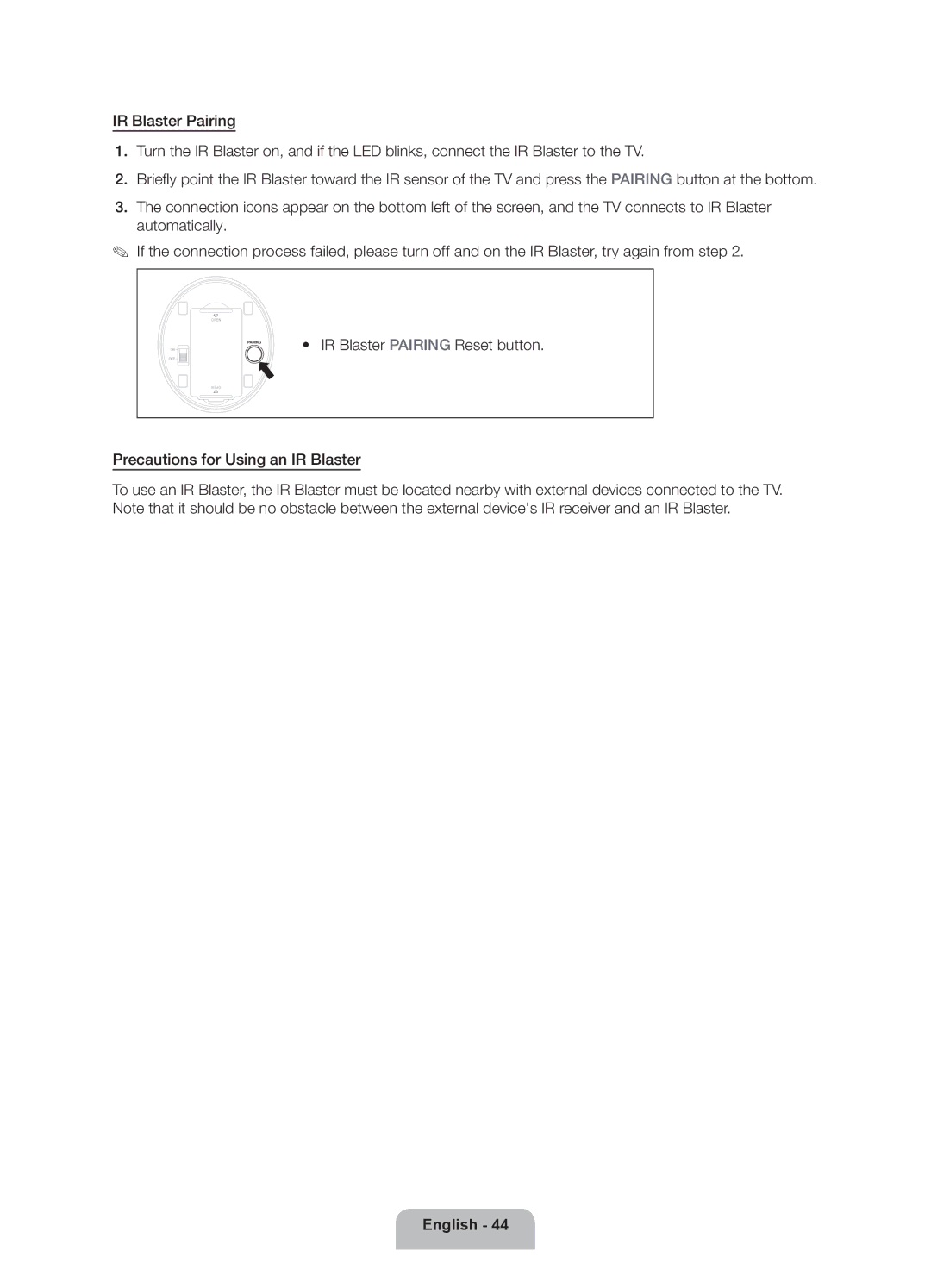 Samsung UN46ES7500 user manual IR Blaster Pairing Reset button 