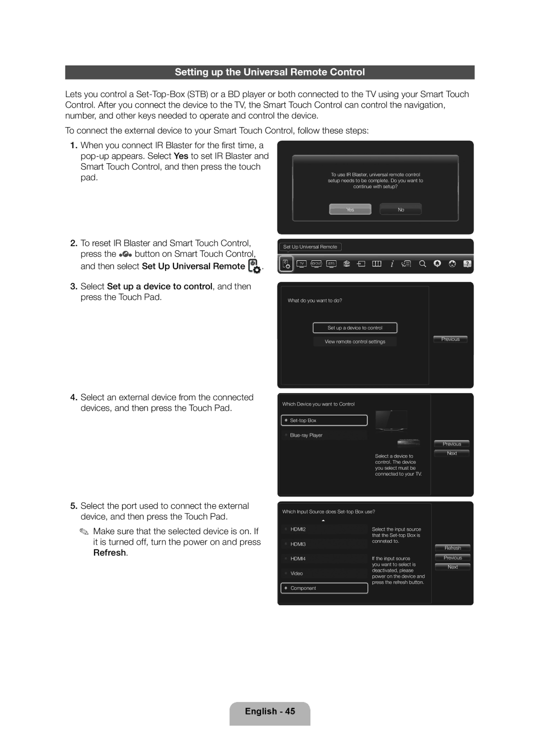 Samsung UN46ES7500 user manual Setting up the Universal Remote Control, HDMI4 