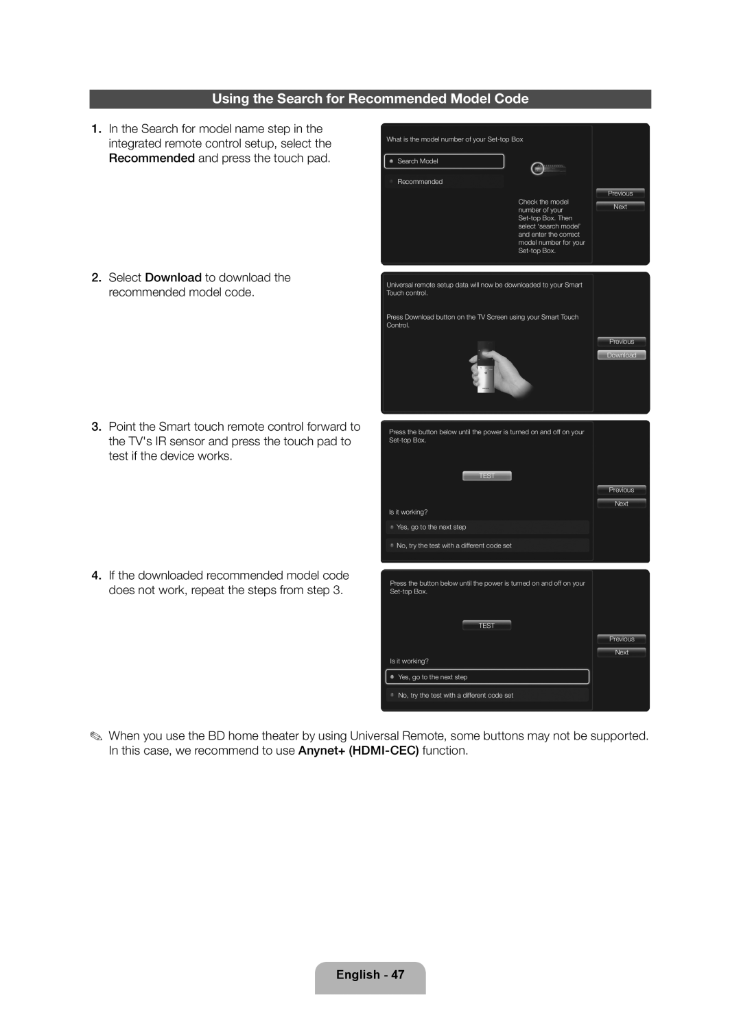 Samsung UN46ES7500 user manual Using the Search for Recommended Model Code, Test 