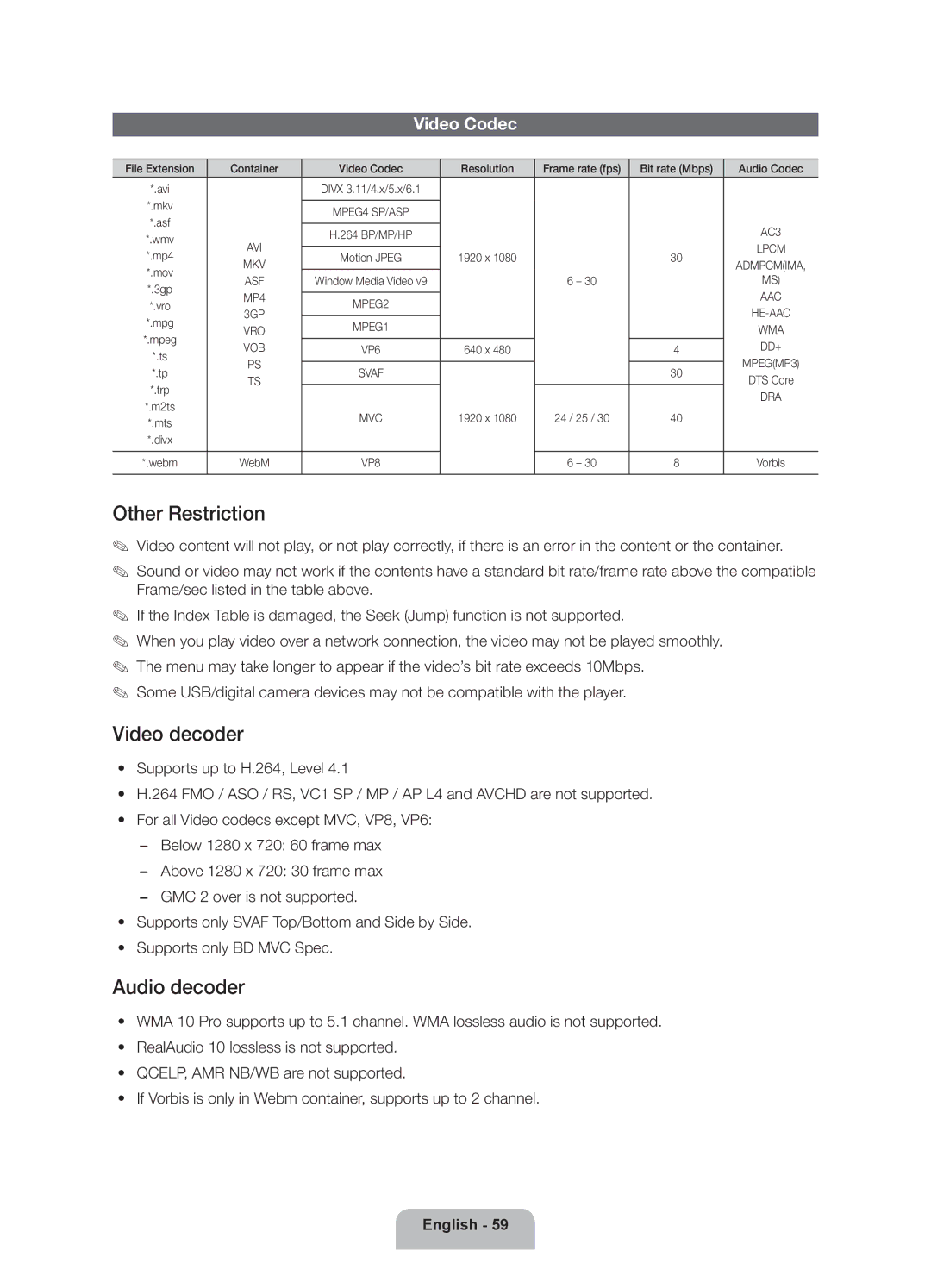 Samsung UN46ES7500 user manual Video Codec, Mp4 