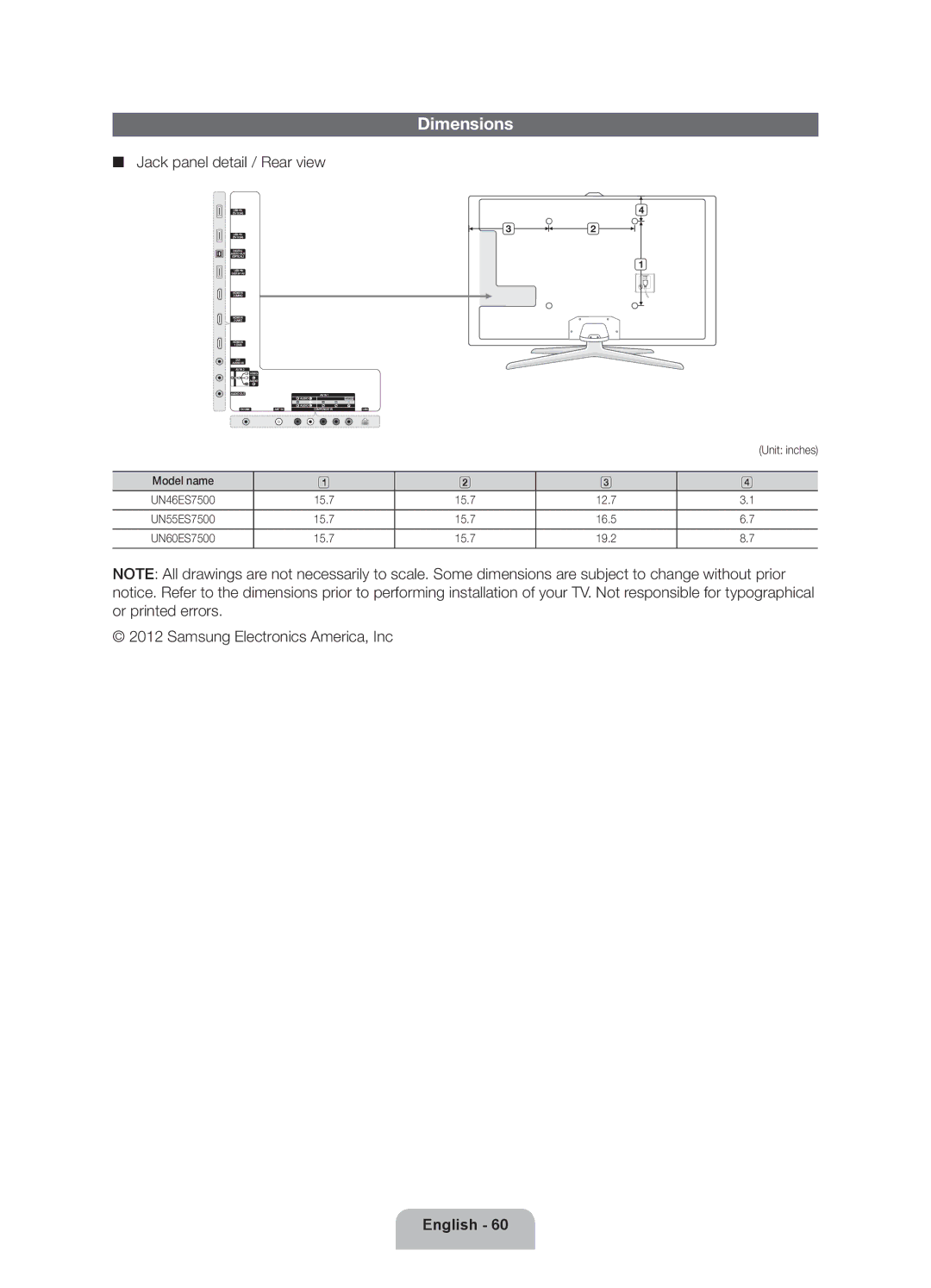 Samsung UN46ES7500 user manual Dimensions 