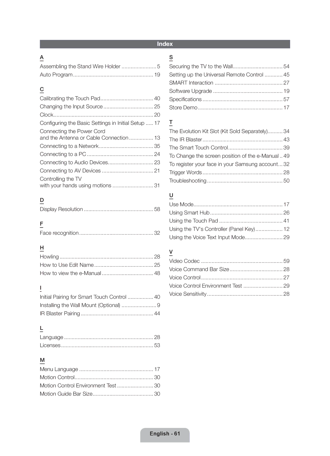 Samsung UN46ES7500 user manual Index, IR Blaster Smart Touch Control 