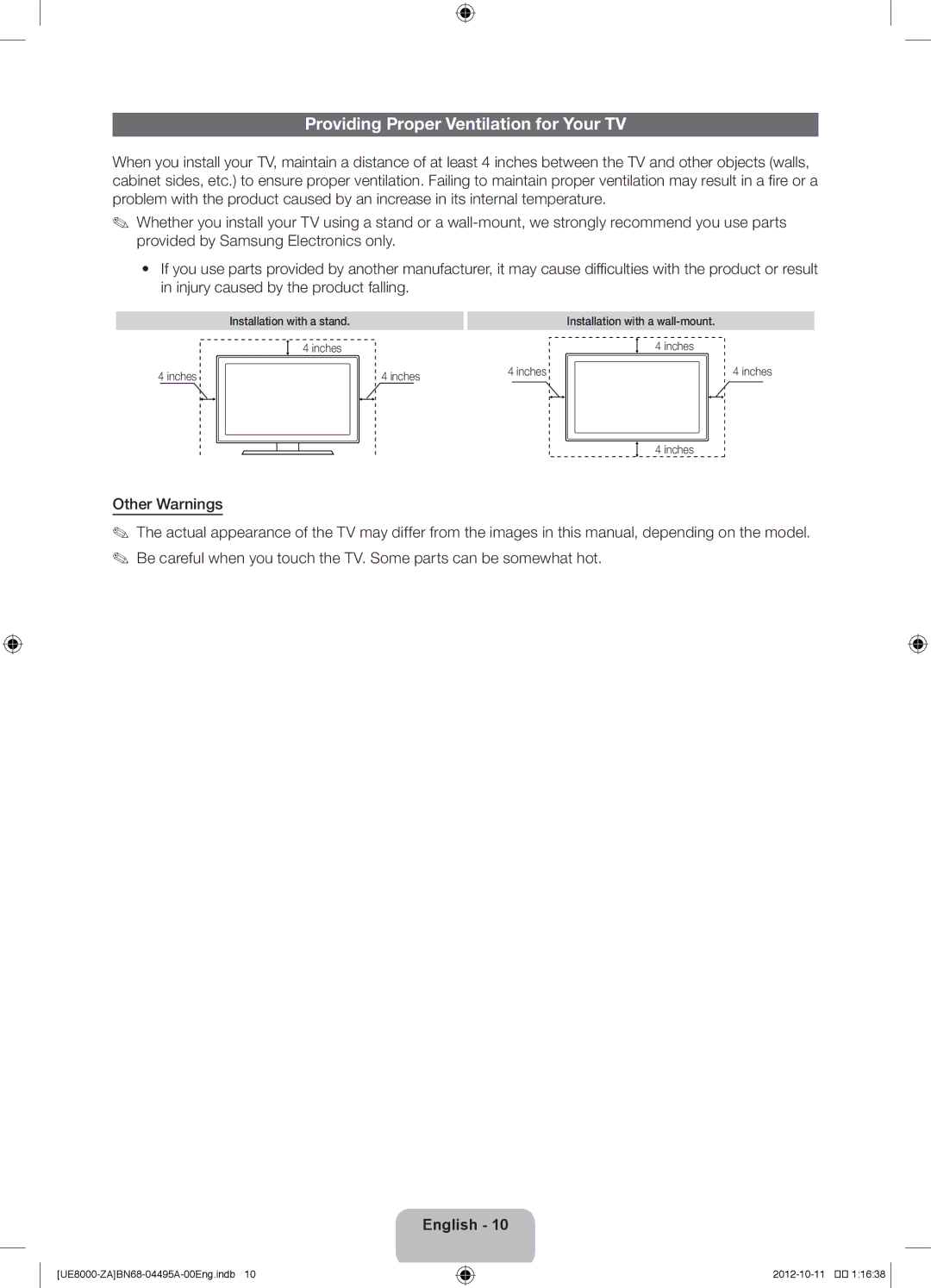 Samsung UN46ES8000 user manual Providing Proper Ventilation for Your TV 