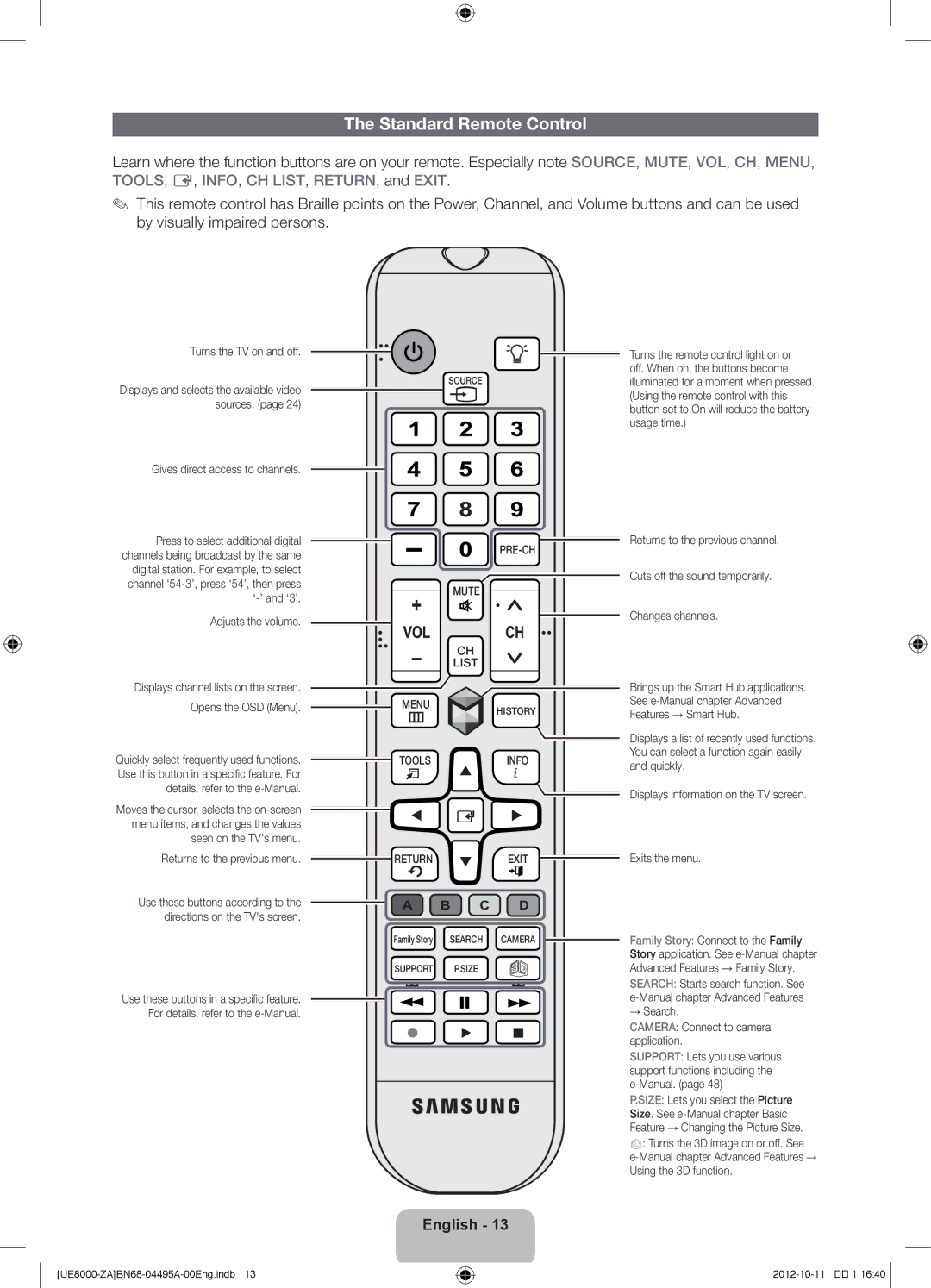 Samsung UN46ES8000 user manual Standard Remote Control, Returns to the previous menu 