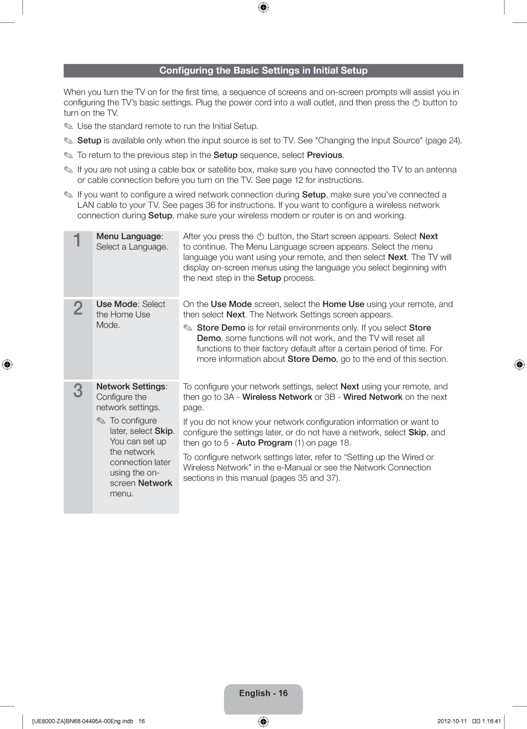 Samsung UN46ES8000 user manual Configuring the Basic Settings in Initial Setup 