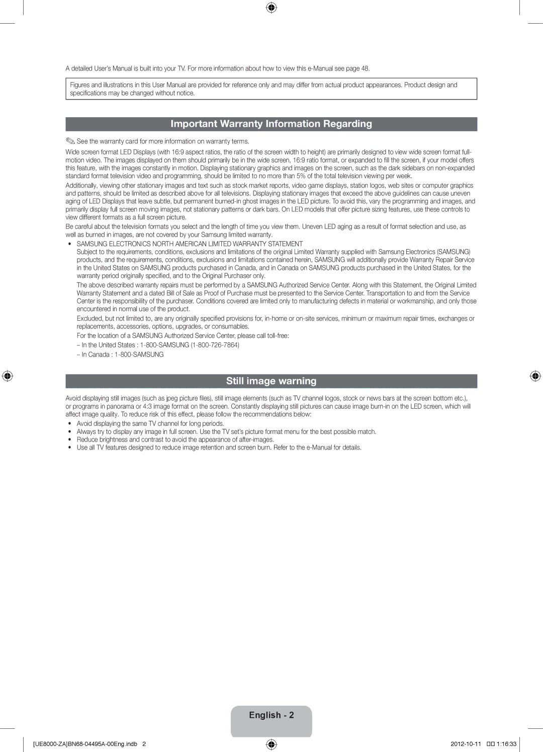 Samsung UN46ES8000 user manual Important Warranty Information Regarding, Still image warning 