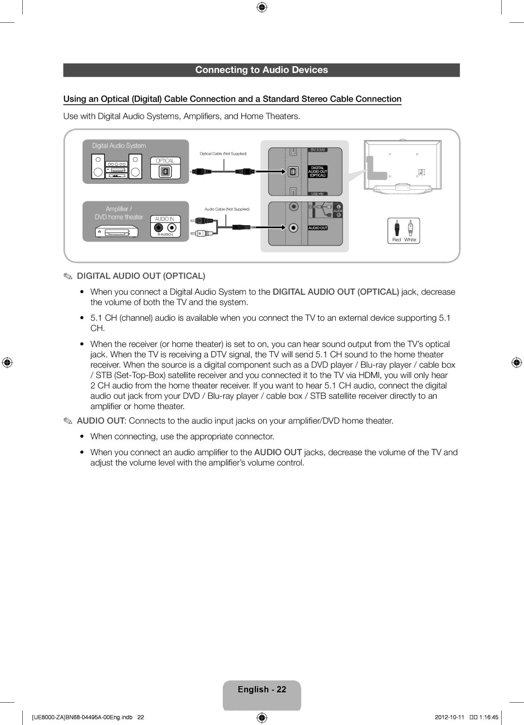 Samsung UN46ES8000 user manual Connecting to Audio Devices, Digital Audio OUT Optical 