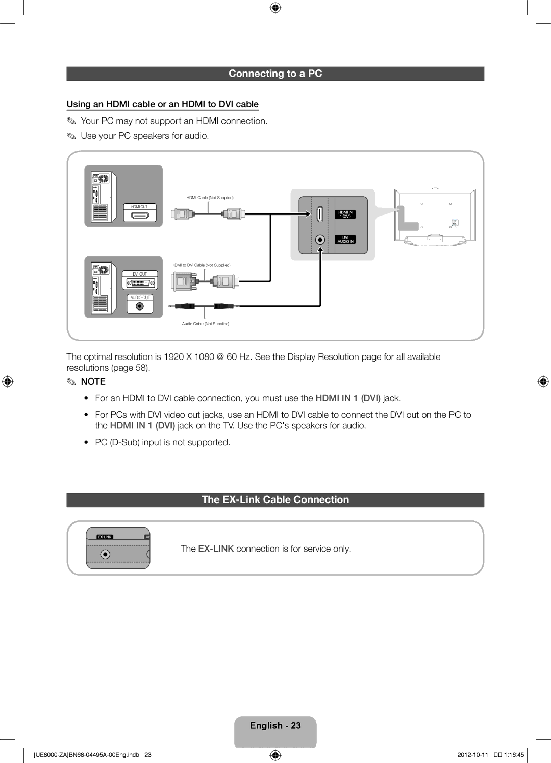 Samsung UN46ES8000 user manual Connecting to a PC, EX-Link Cable Connection 