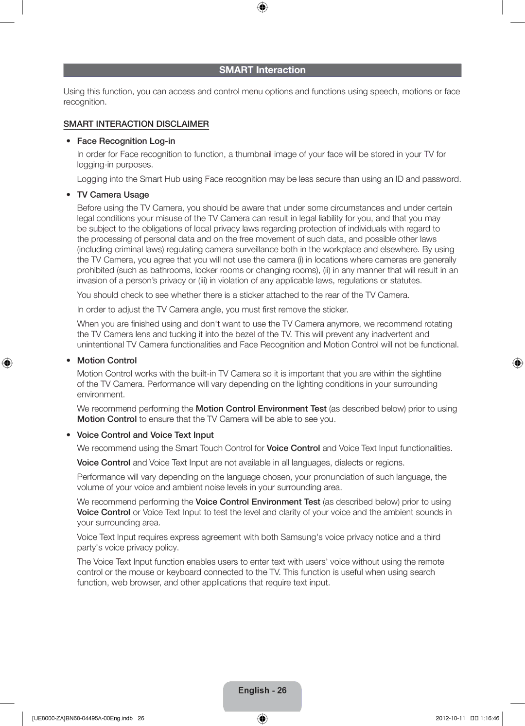 Samsung UN46ES8000 user manual Smart Interaction Disclaimer 