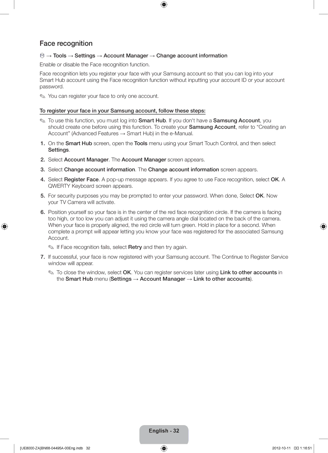 Samsung UN46ES8000 user manual Face recognition 