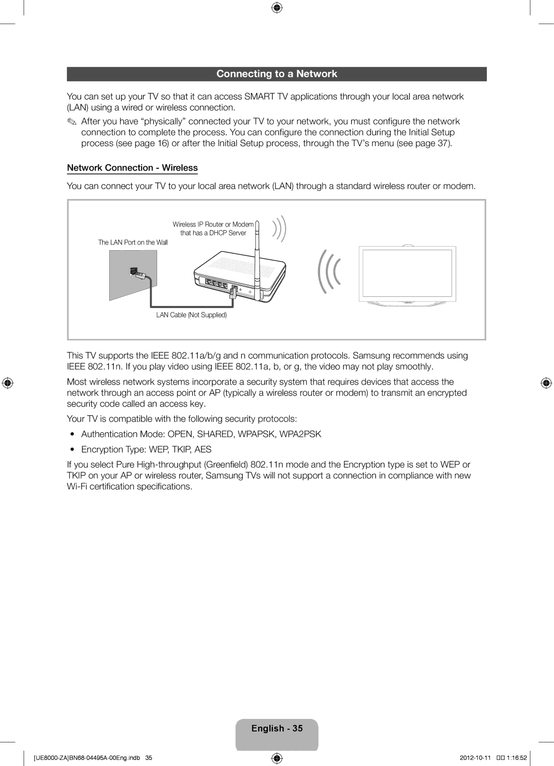 Samsung UN46ES8000 user manual Connecting to a Network 