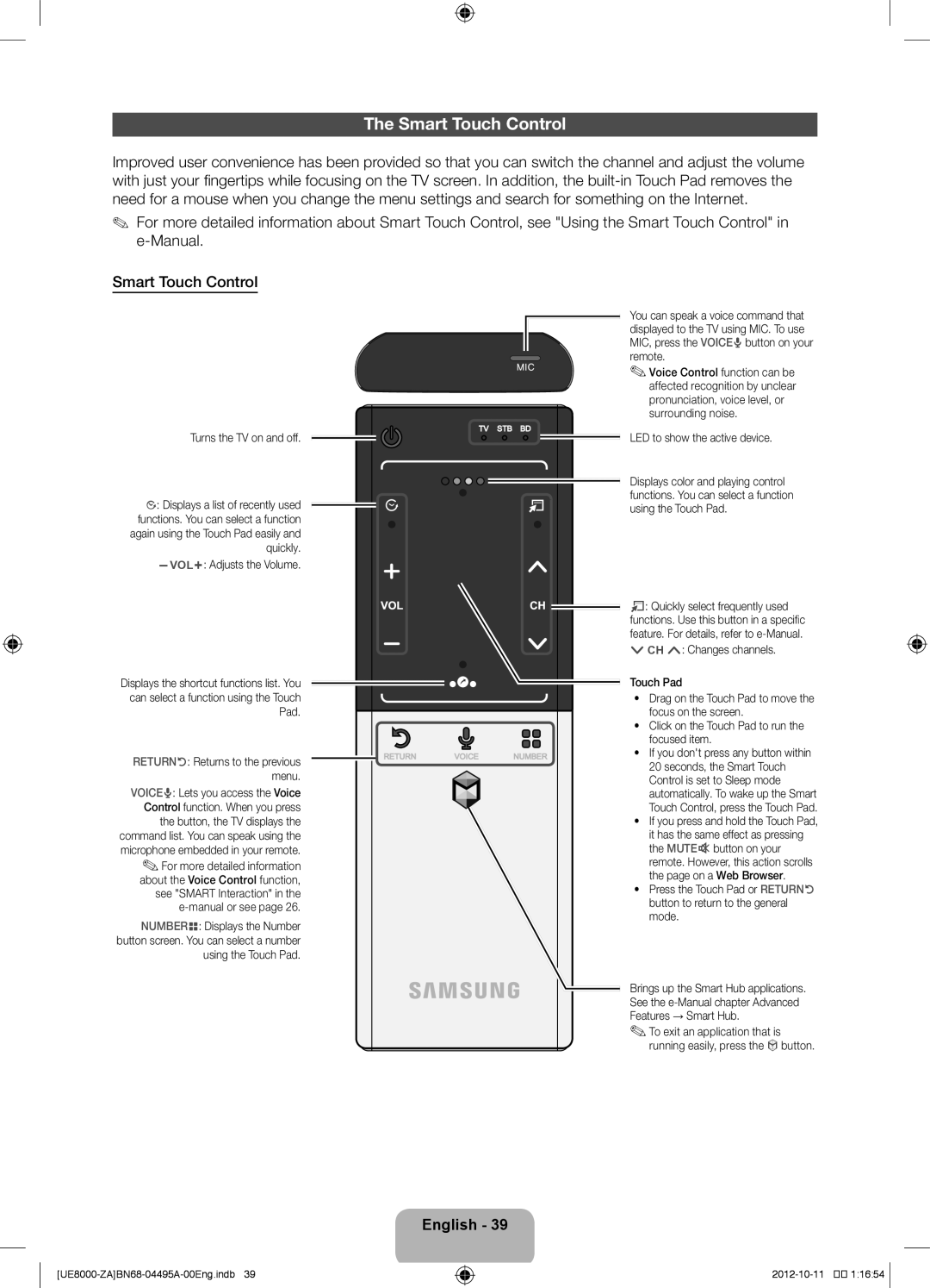 Samsung UN46ES8000 user manual Smart Touch Control, English 