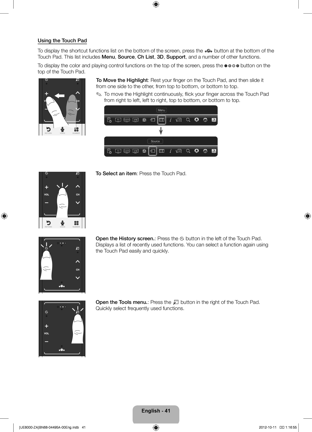 Samsung UN46ES8000 user manual To Select an item Press the Touch Pad 