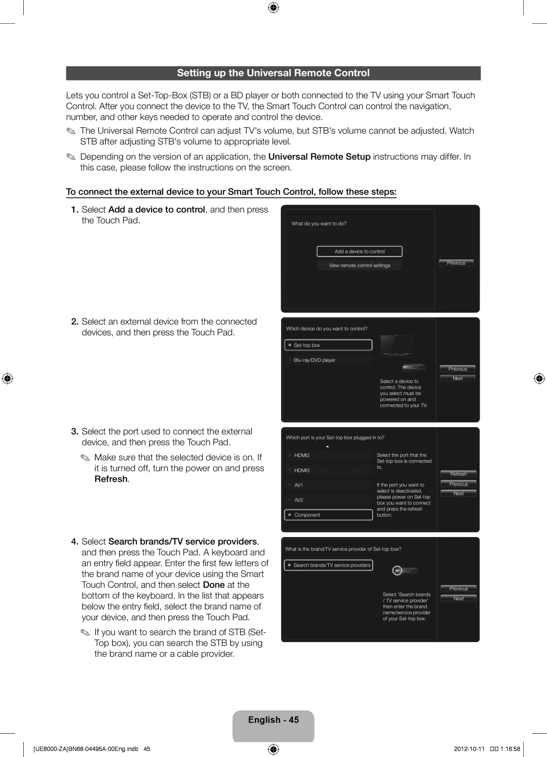 Samsung UN46ES8000 user manual Setting up the Universal Remote Control, AV2 