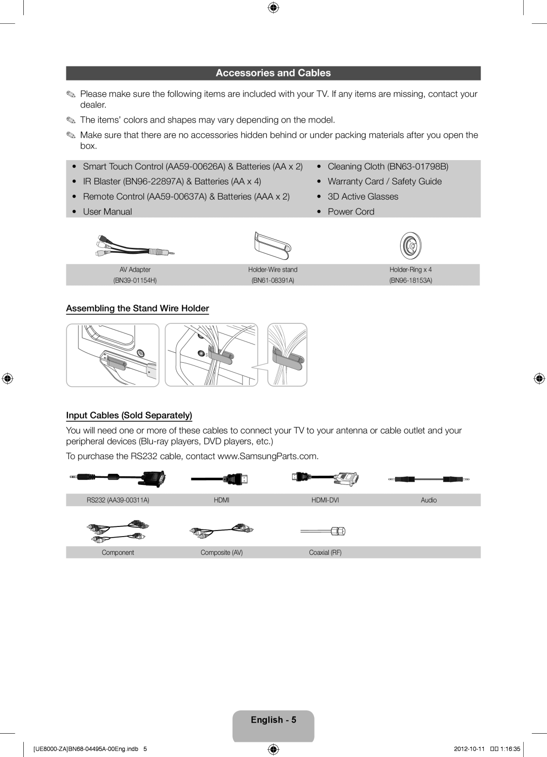 Samsung UN46ES8000 user manual Accessories and Cables 