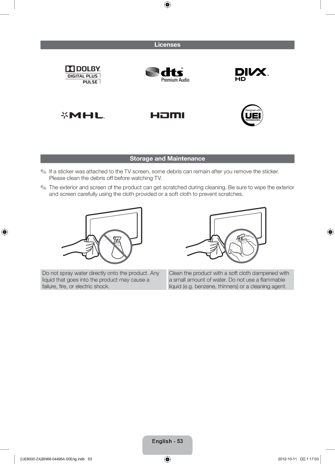 Samsung UN46ES8000 user manual Licenses Storage and Maintenance 