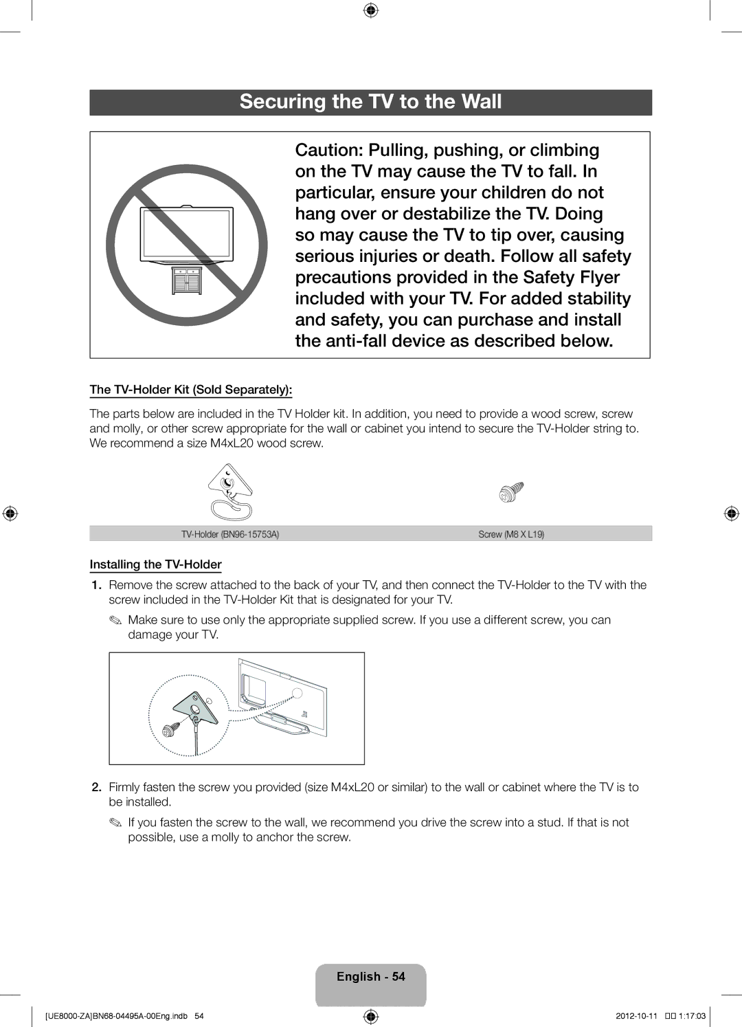 Samsung UN46ES8000 user manual Securing the TV to the Wall 