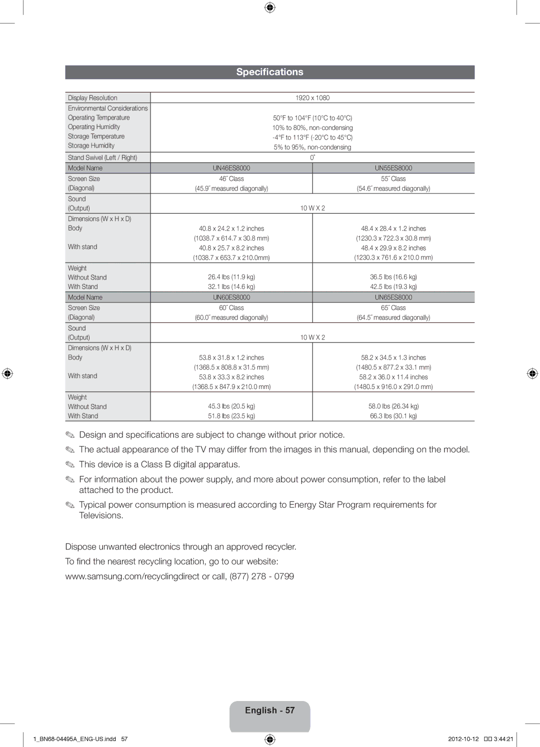 Samsung UN46ES8000 user manual Specifications, Dimensions W x H x D Body 