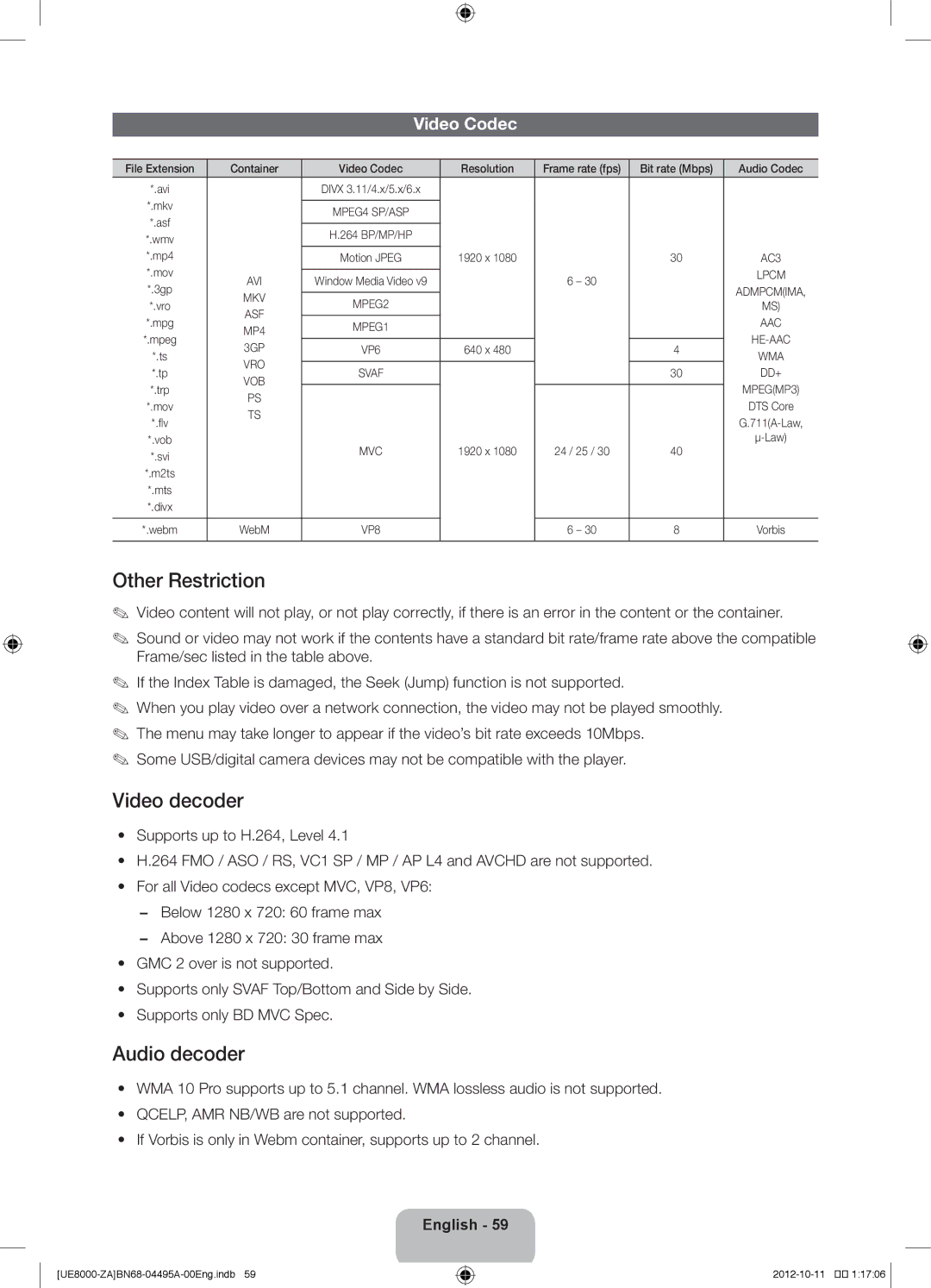 Samsung UN46ES8000 user manual Video Codec, Mp4 