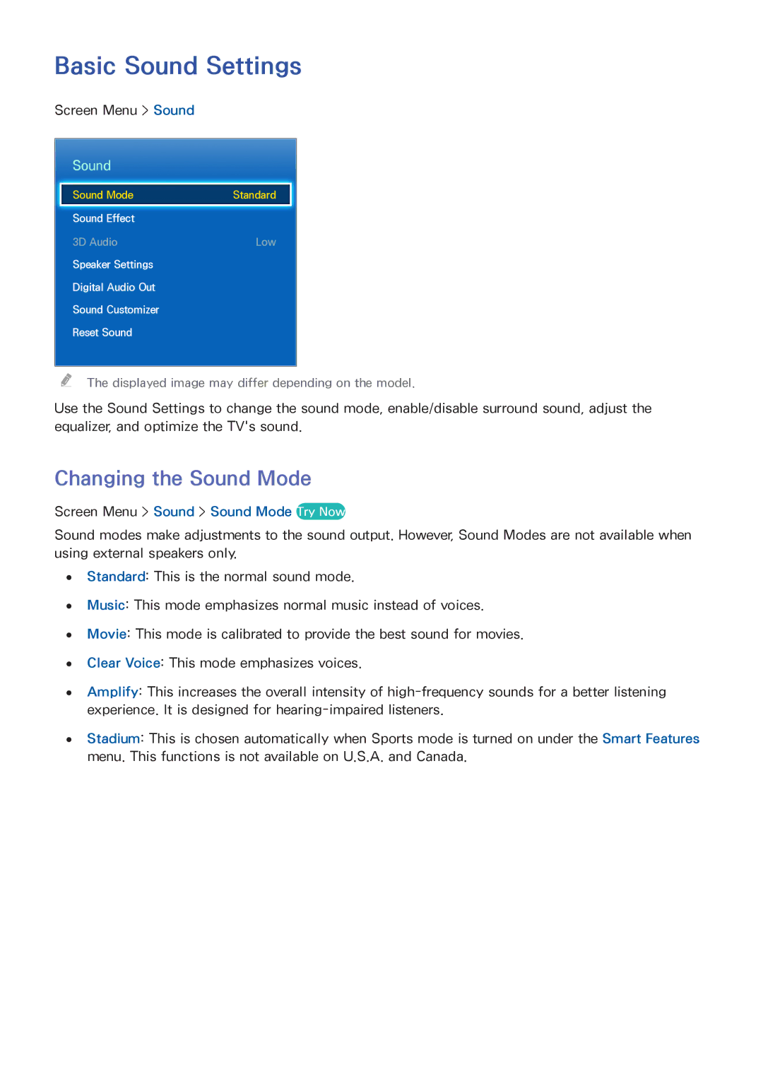 Samsung UN46F8000BF manual Basic Sound Settings, Changing the Sound Mode, Screen Menu Sound Sound Mode Try Now 