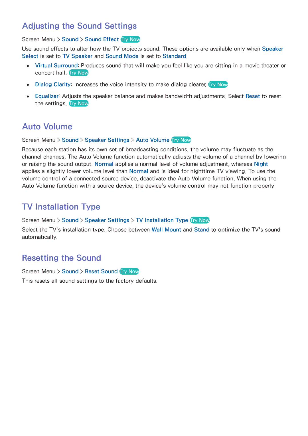 Samsung UN46F8000BF manual Adjusting the Sound Settings, Auto Volume, TV Installation Type, Resetting the Sound 