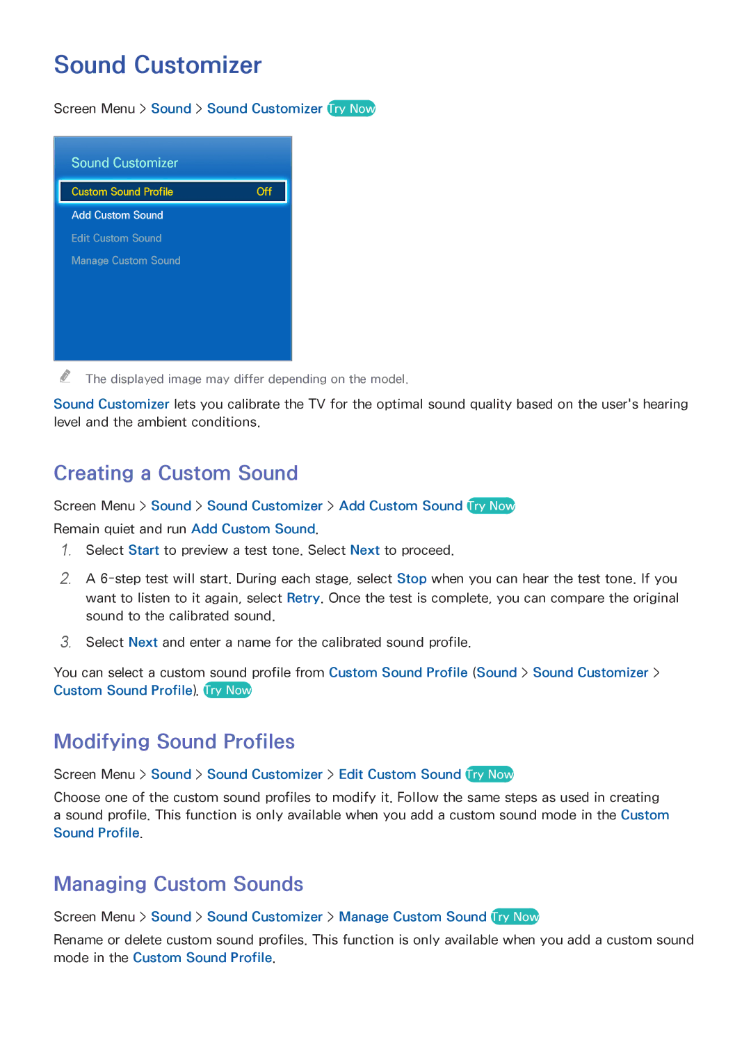 Samsung UN46F8000BF manual Sound Customizer, Creating a Custom Sound, Modifying Sound Profiles, Managing Custom Sounds 