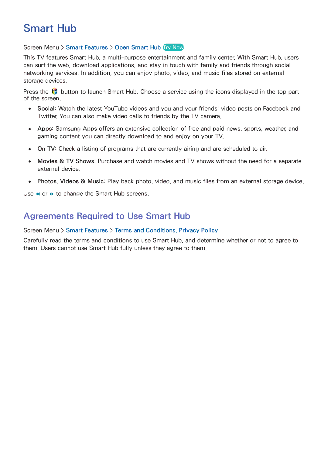 Samsung UN46F8000BF manual Agreements Required to Use Smart Hub, Screen Menu Smart Features Open Smart Hub Try Now 